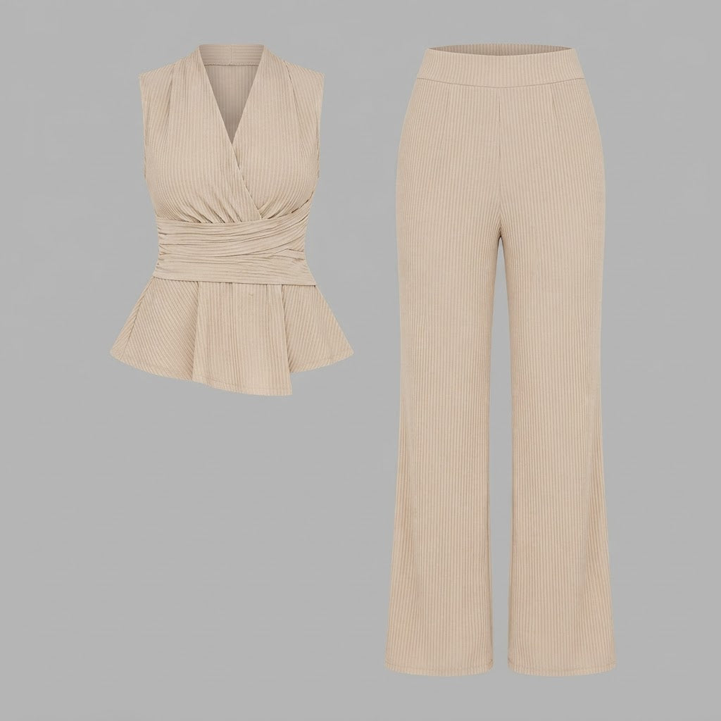 V-Neck Top & Wide-Leg Trousers | Women's Two Piece Set
