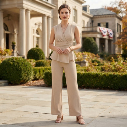 V-Neck Top & Wide-Leg Trousers | Women's Two Piece Set