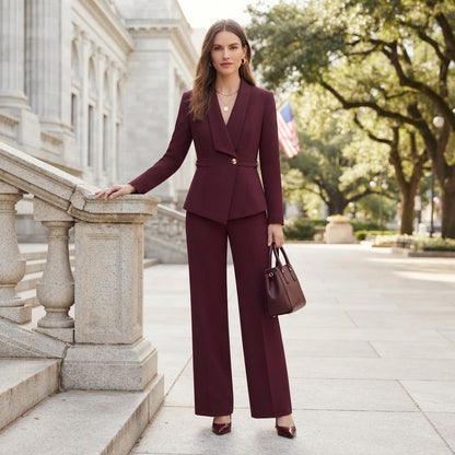 Women's V-Neck Long Sleeve Top | Wide Leg Trousers Set